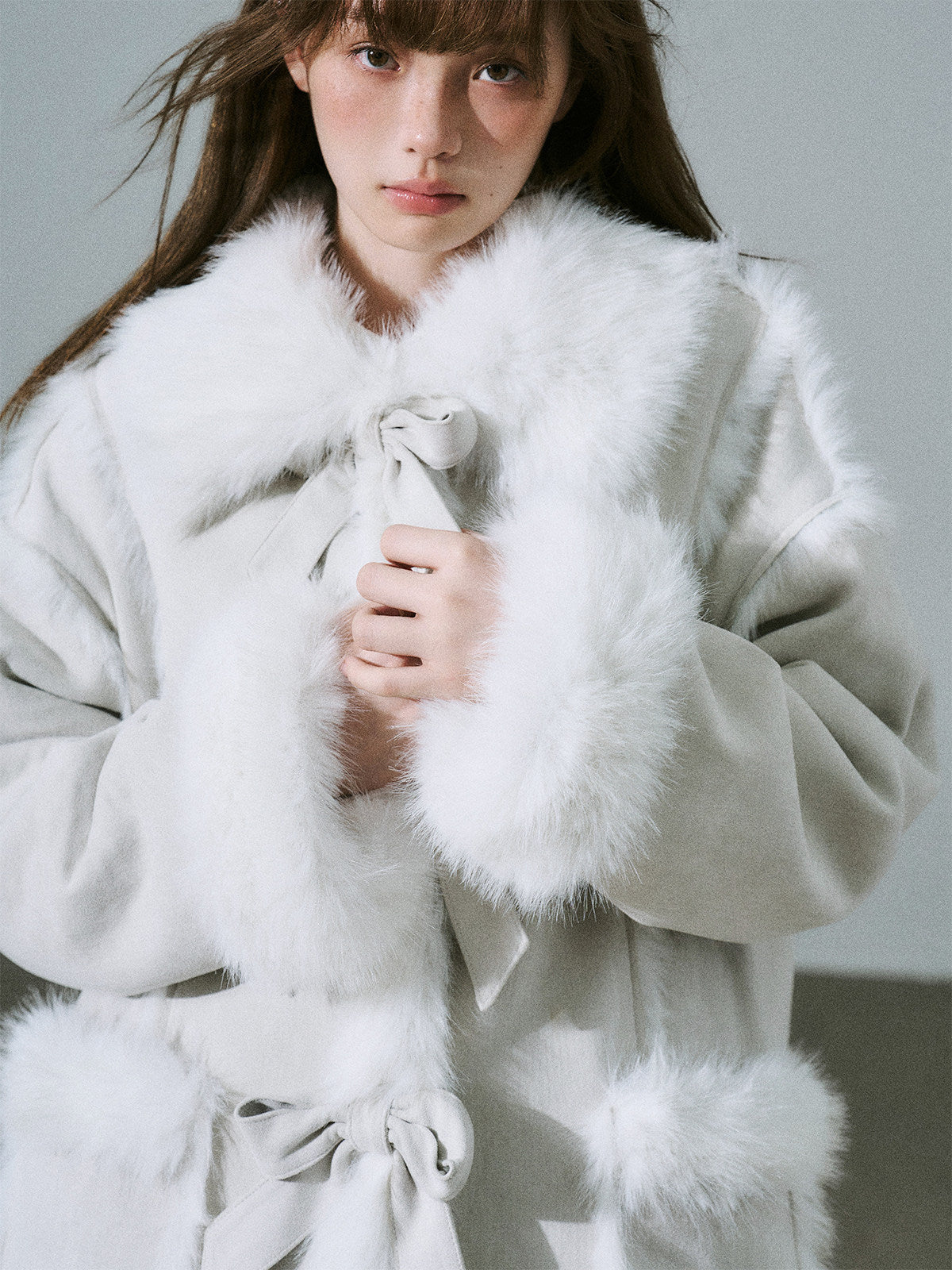 Bow Detail Fake Fur Trimmed Coat