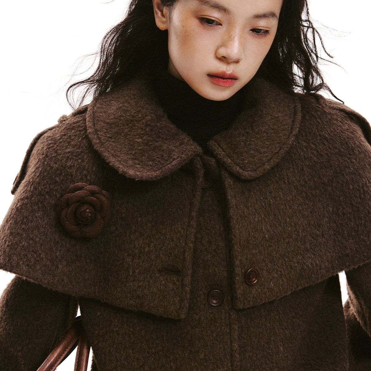 Cape Collar & Flower Detail Belted Coat