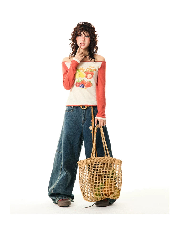 Fruit Graphic Print Off-Shoulder Fitted Long Sleeve T-Shirt