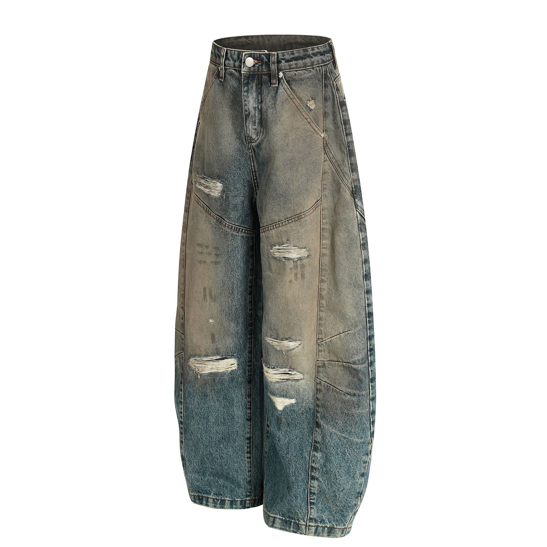 Washed Deconstruction Barrel Denim Jeans