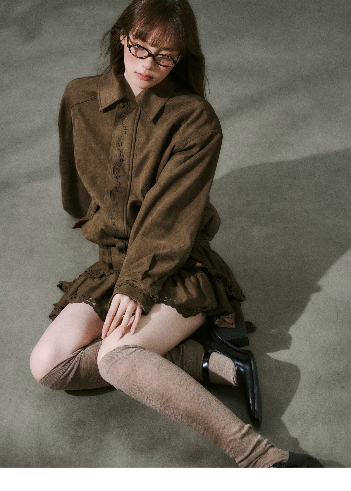 Suede Zipper Jacket & Scalloped Skirt Setup