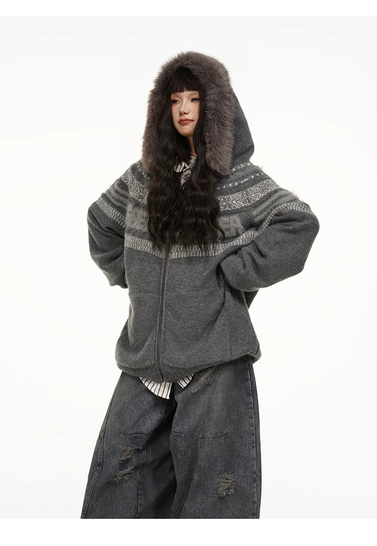 Fair Isle Hooded Detachable Fur Collar Knit Cardigan