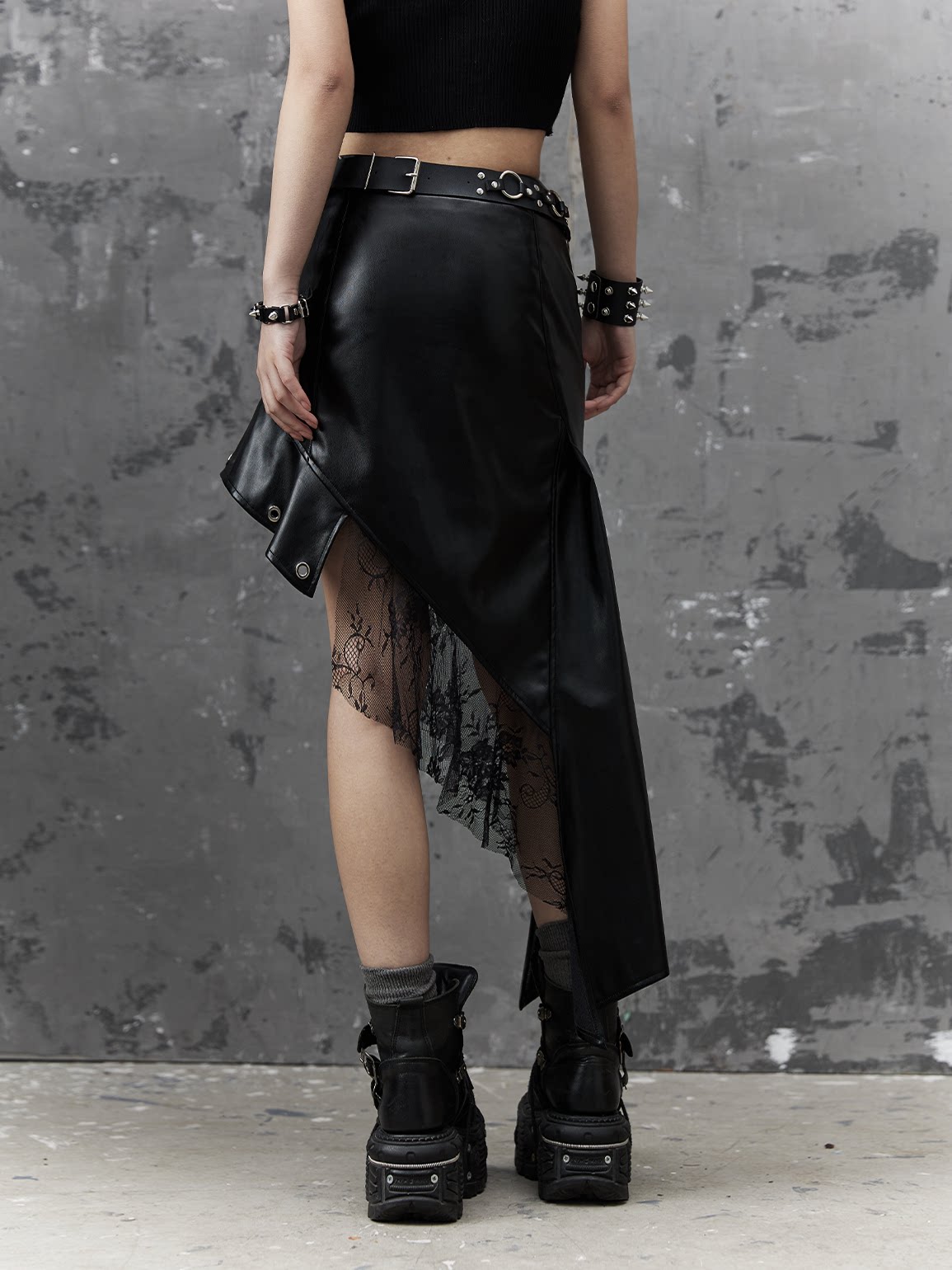 Asymmetric PU Leather Mesh Patchwork Skirt