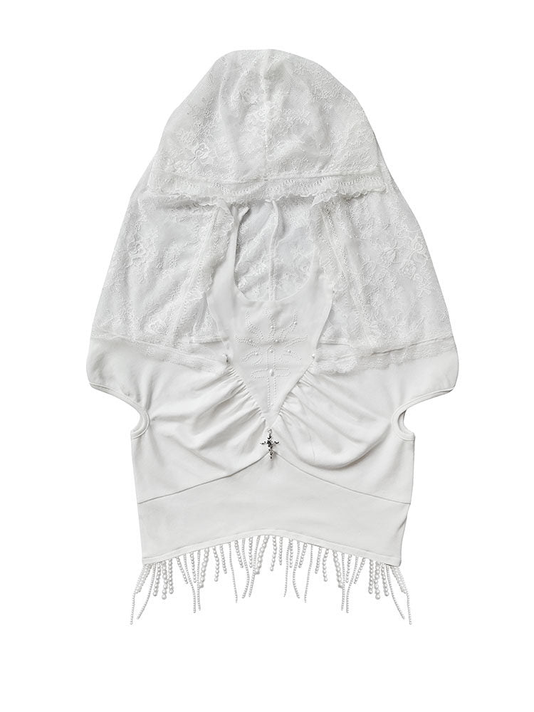 Off Shoulder Lace Pullover Hoodie & Arm Cover Set