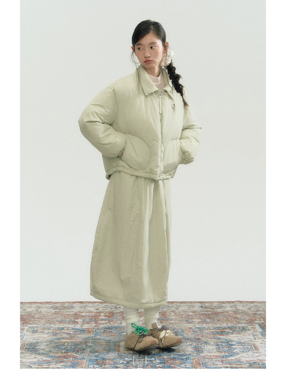 Drawstring Short Puffer Jacket & Pleated Skirt Setup