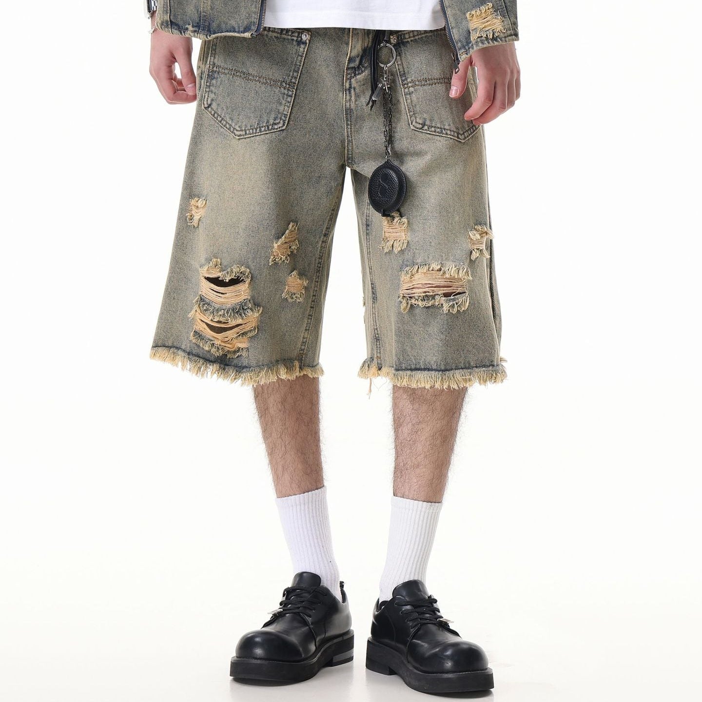 Washed Damage Wide Leg Denim Short Pants