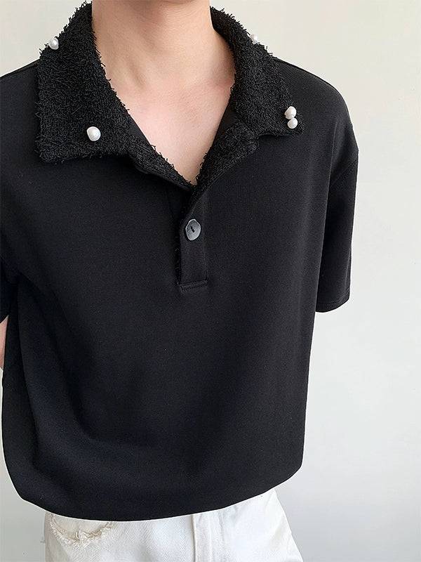 Fake Fur Collar Pearl PatchShort Sleeve Polo Shirt