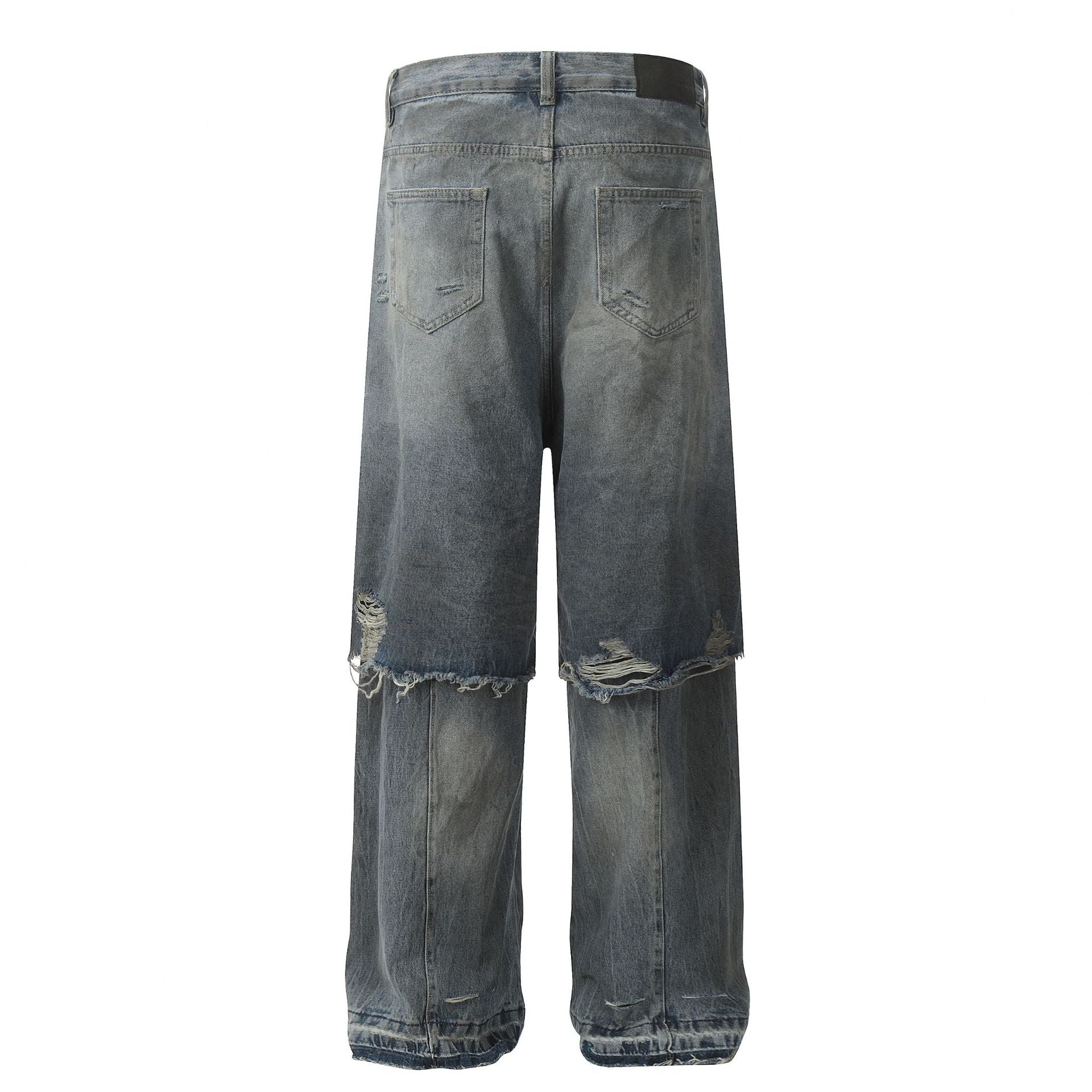 Fake Layered Damage Wide Leg Denim Jeans
