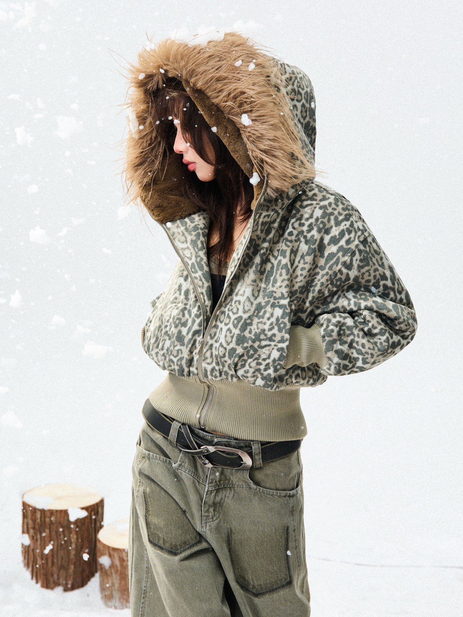 Leopard Print Fur-Trim Hood Puffer Jacket