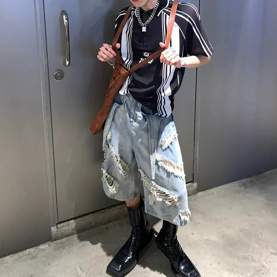 Washed Damage Wide-Leg Straight Denim Half Jeans