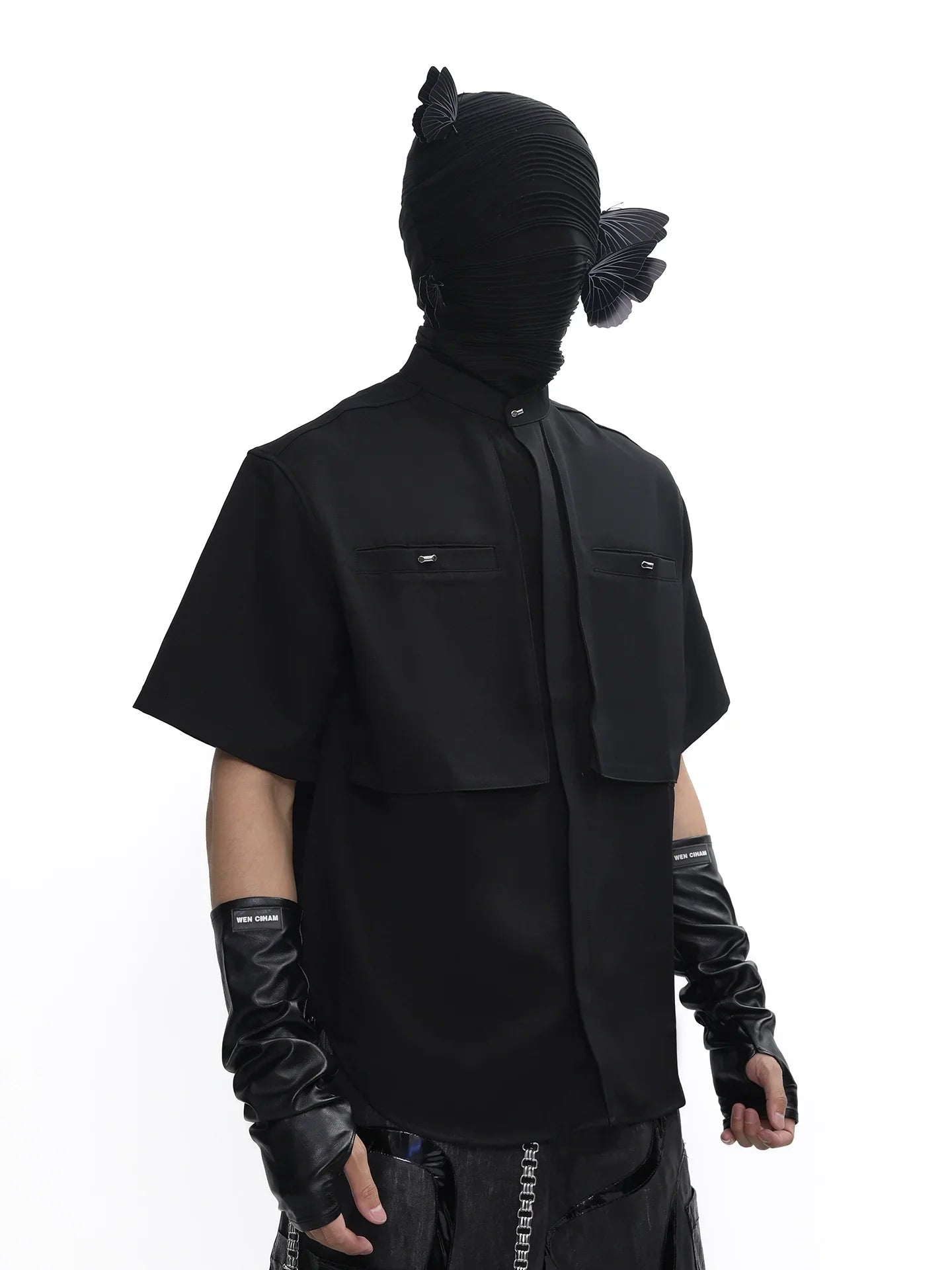 Stand Neck Half-Length Double Placket Pocket Short Sleeve Shirt