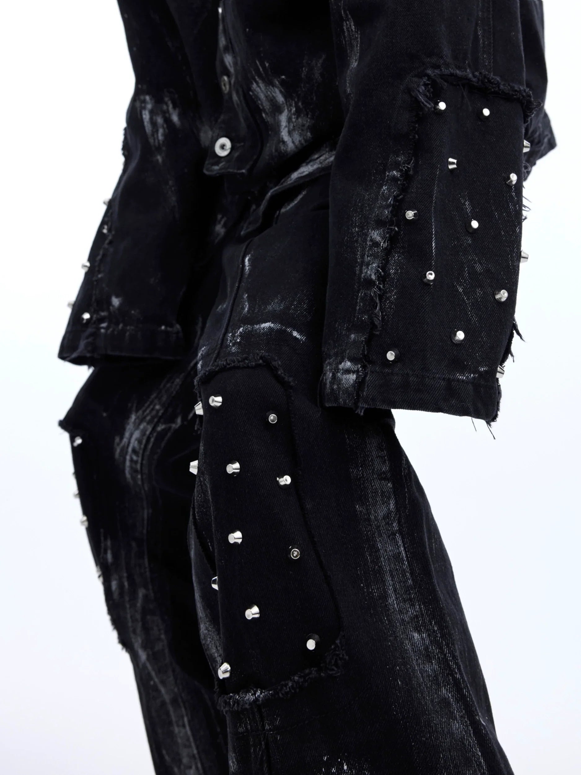 Metal Rivet Design Damage Denim Jacket & Damage Flare Denim Jeans Setup