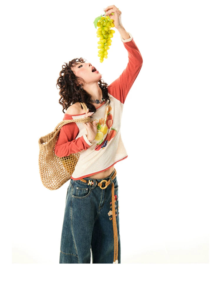 Fruit Graphic Print Off-Shoulder Fitted Long Sleeve T-Shirt