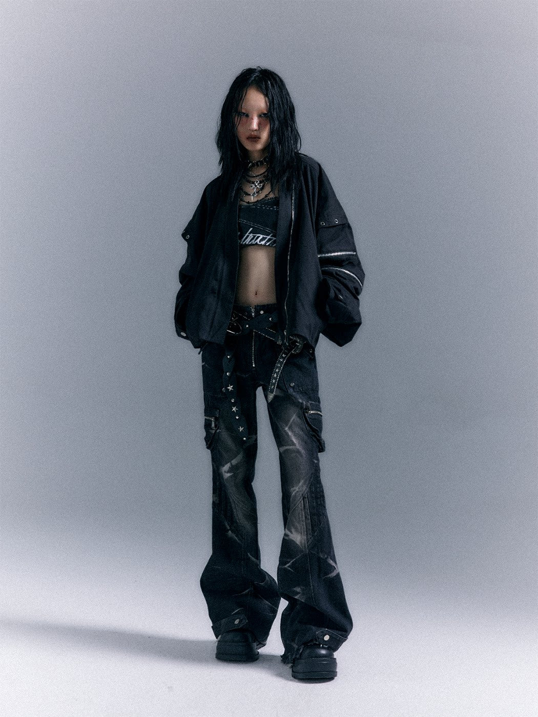 Low-Waist Studs Washed Flare Denim Jeans