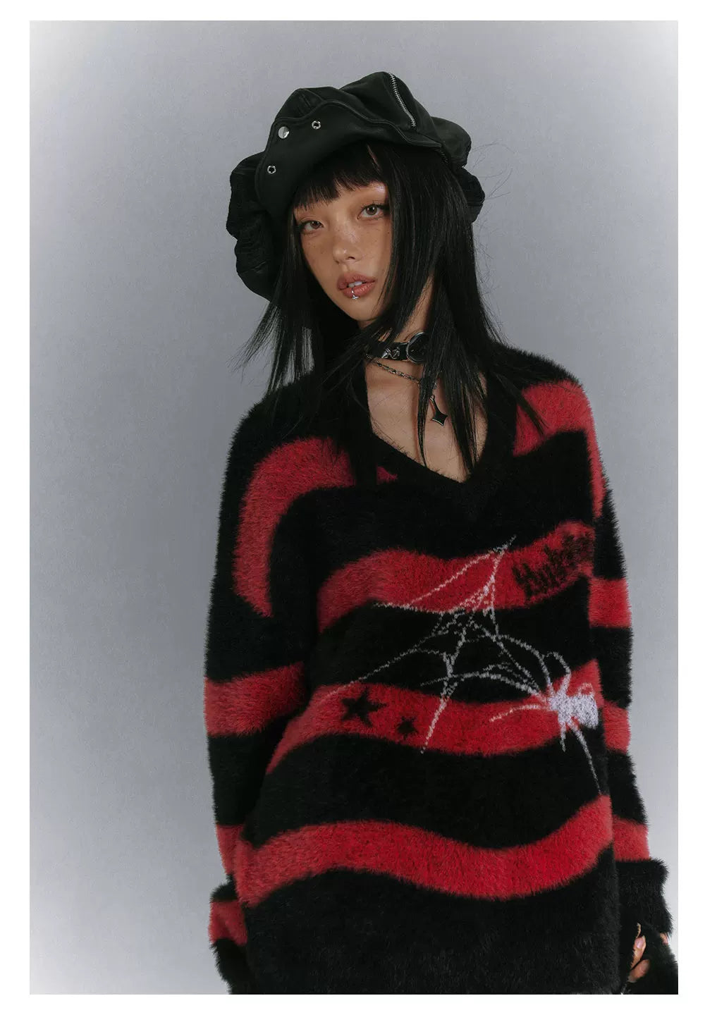 Mohair Spider Pattern Stripe Oversize V-Neck Knit Sweater