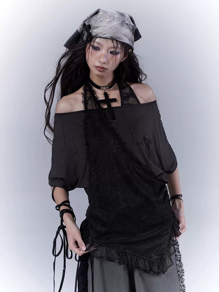 Lace Patchwork Halter Neck Rhinestone Oversize Short Sleeve T-Shirt