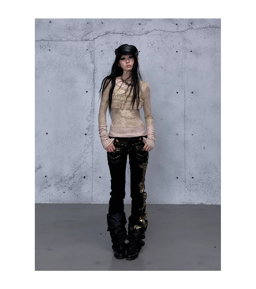 Embroidery Low Rise Straight Denim Jeans