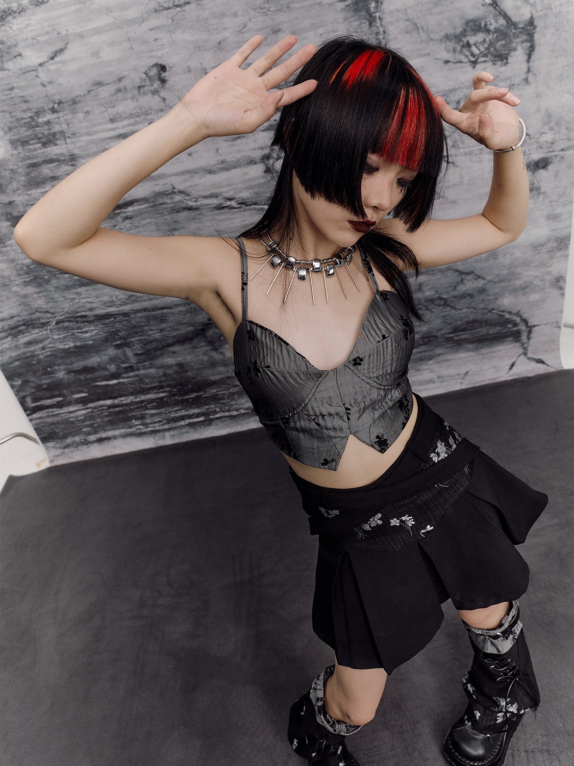Floral Camisole Bustier & Flare Leg Warmers & Pleats Skirt & Cropped Jacket Setup