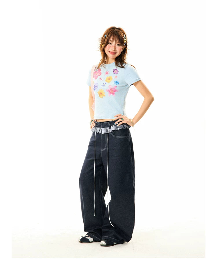 Flower Print Cropped Short Sleeve T-Shirt