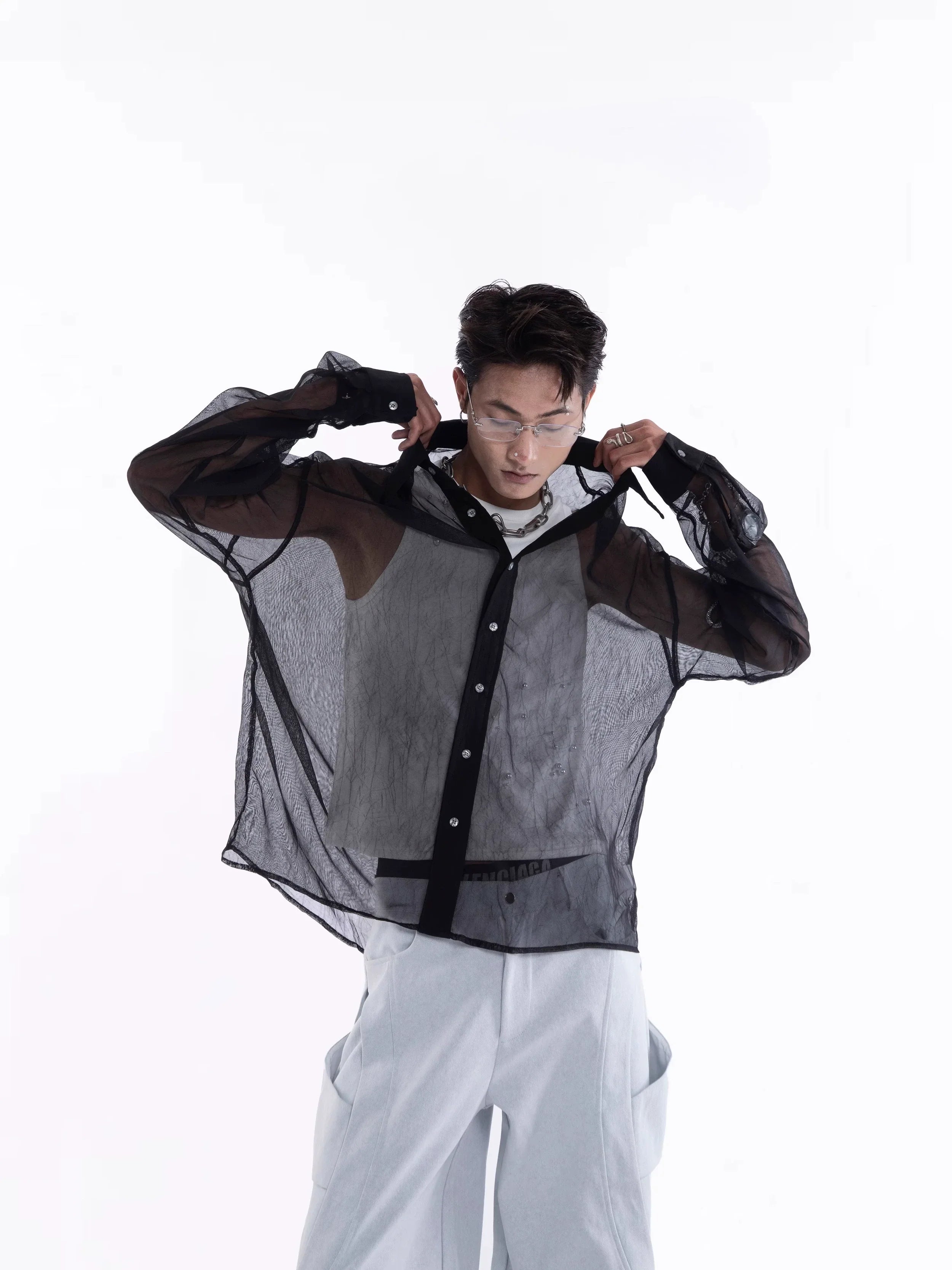 Sheer Draped Oversize Long Sleeve Shirt