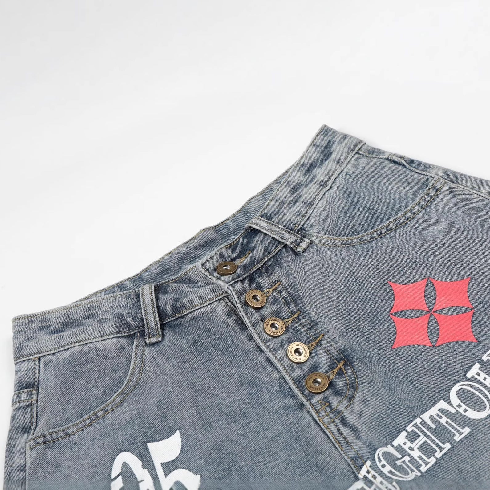 Button Fly Curved Wide Leg Denim Jeans