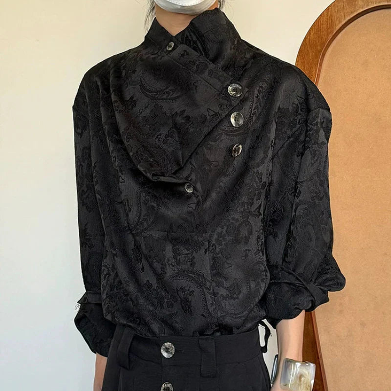 Embroidery Jacquard Asymmetrical Long Sleeve Shirt