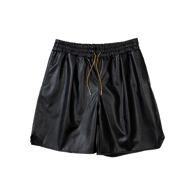 Washed PU Leather Drawstring Oversize Short Pants
