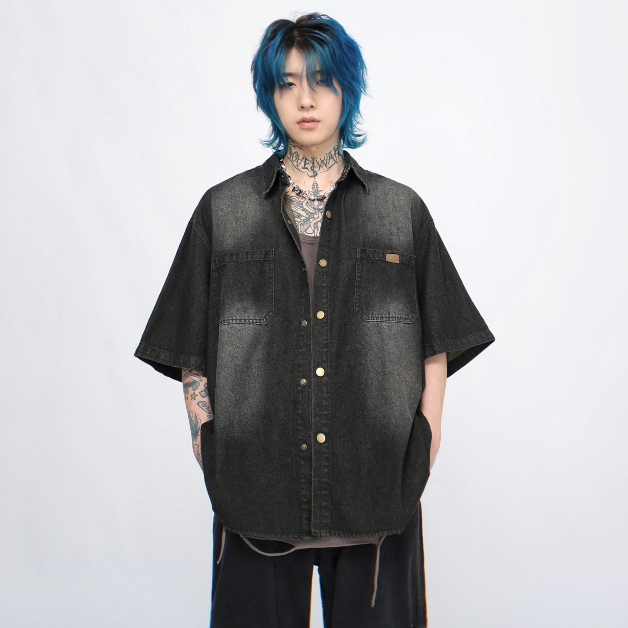 Washed Oversize Denim Short Sleeve Shirt
