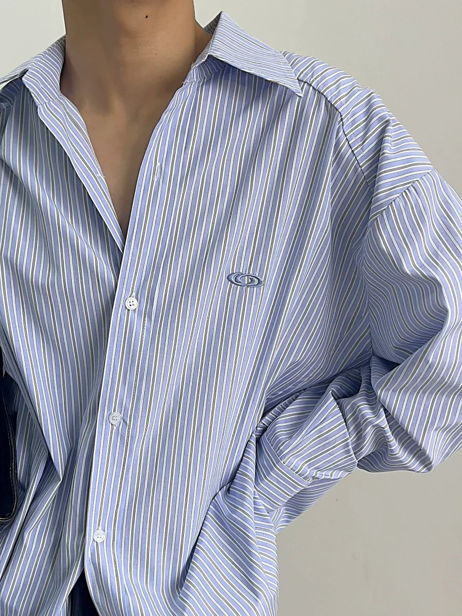 Striped Embroidery Oversize Long Sleeve Shirt