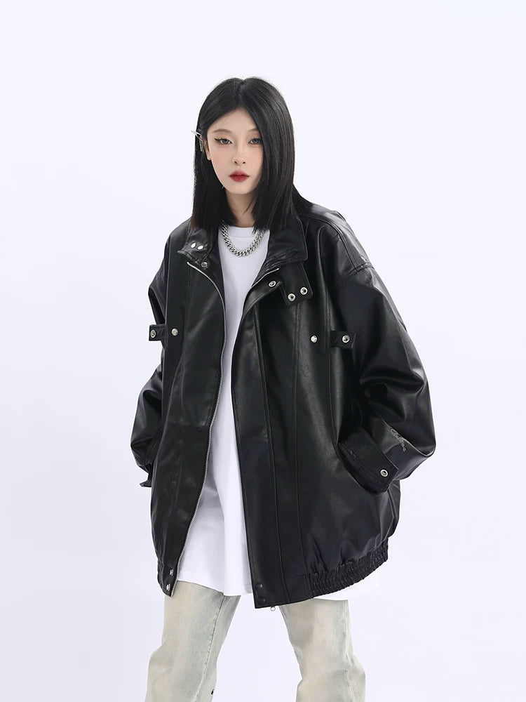 Oversized Standing-Collar PU Leather Jacket