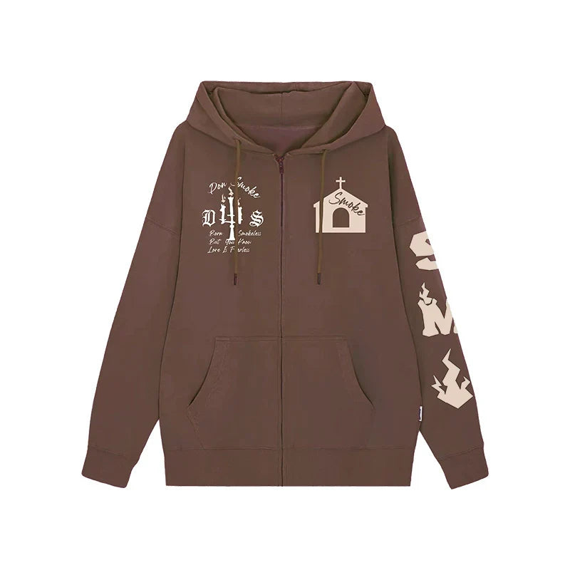 Fleece-Kapuzenjacke mit Schlossprint und Reißverschluss