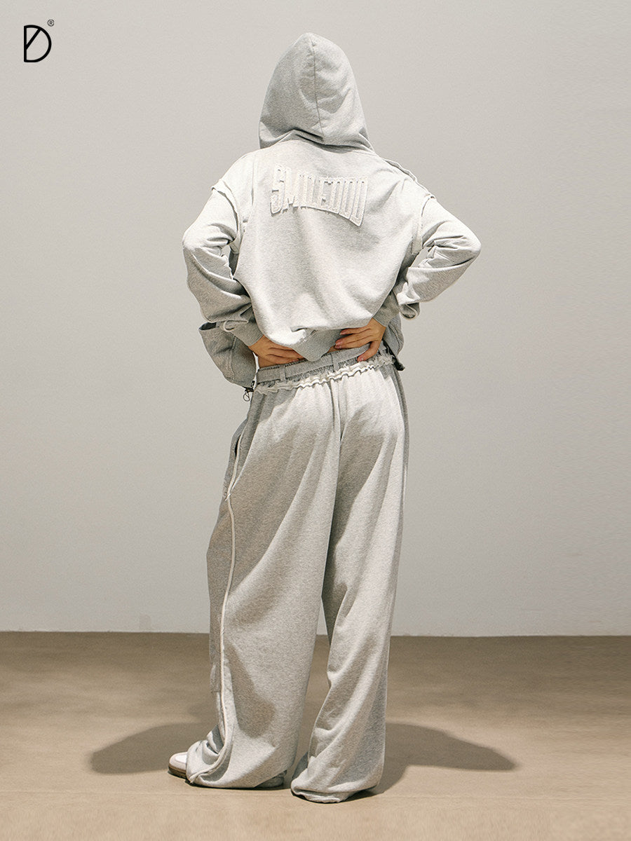 Plain Zip Hoodie & Drawstring Wide Leg Sweatpants Setup