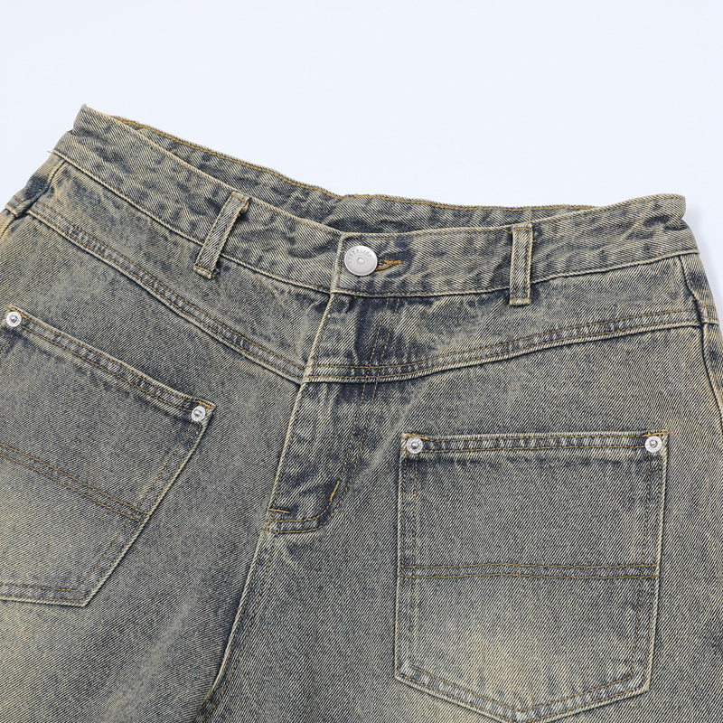 Washed Damage Wide Leg Denim Short Pants