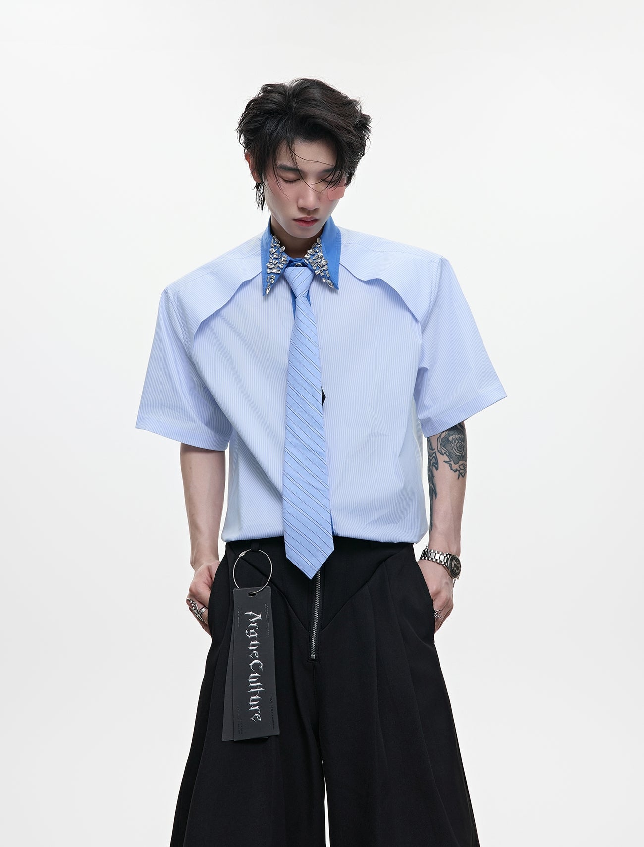 Rhinestone Stripe Two-Tone Patchwork Short Sleeve Shirt