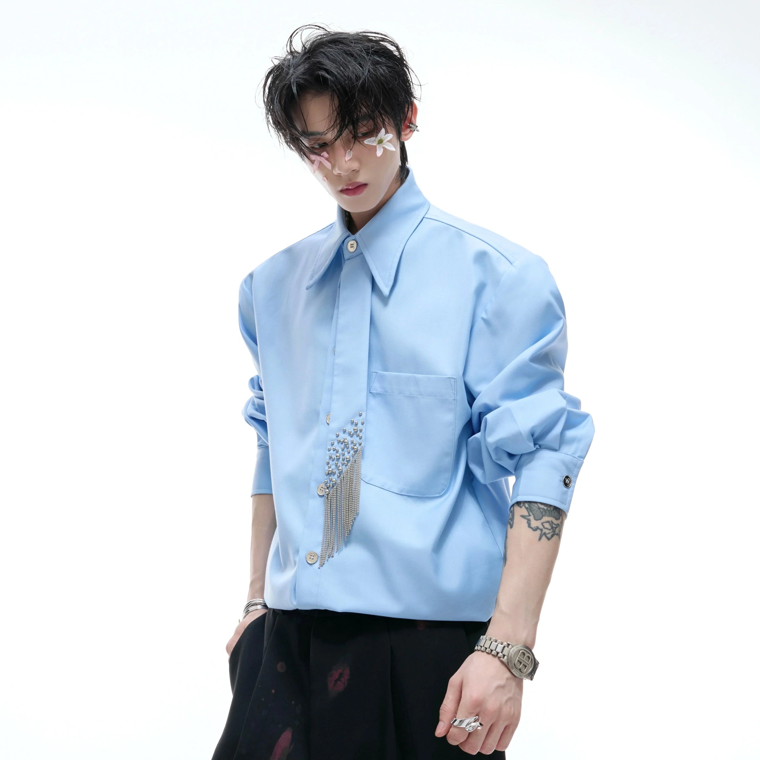Plain Color Long Sleeve Shirt & Tie