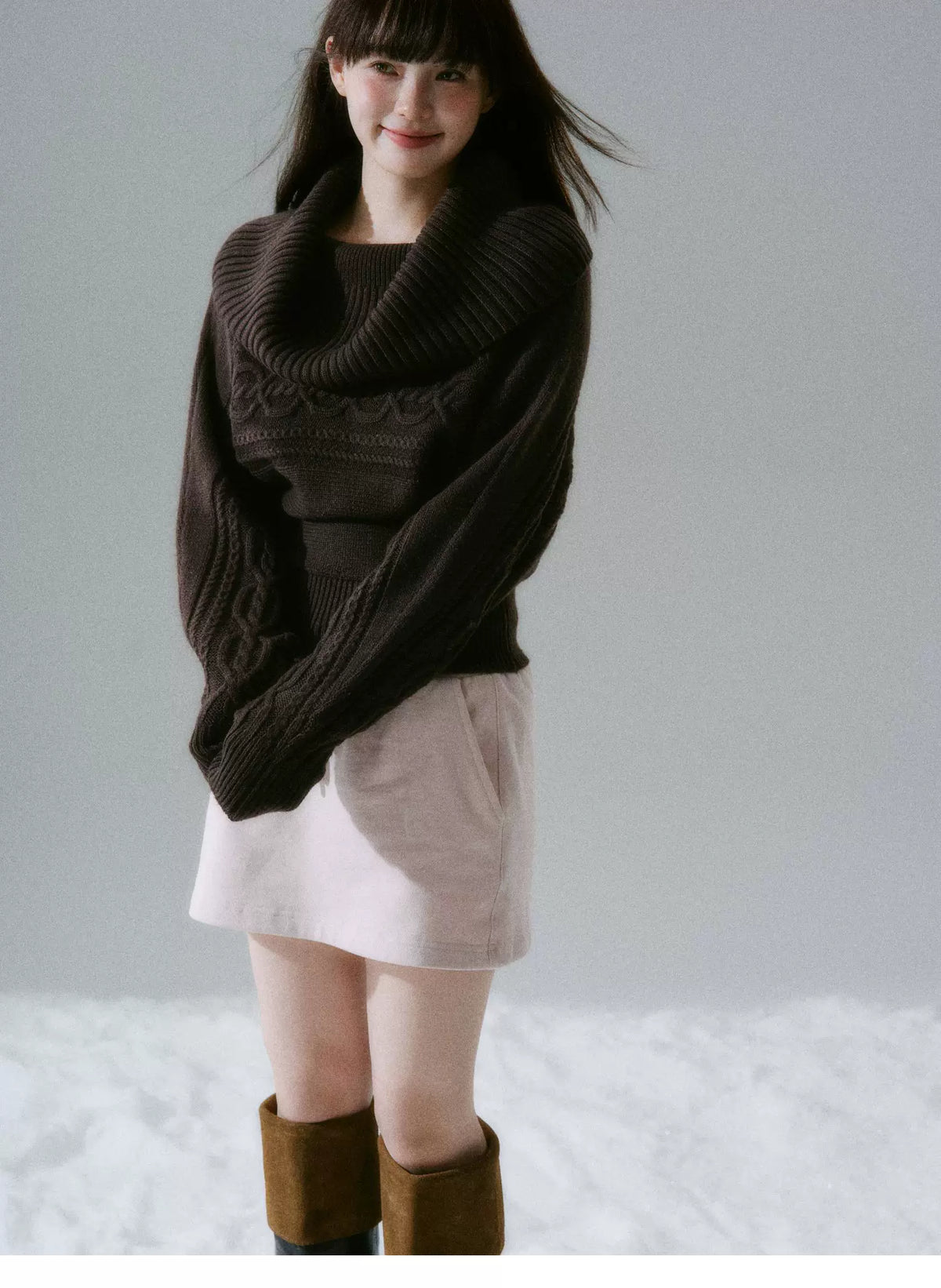 Ribbed Cowl Neck Cable Sleeve Knit Sweater
