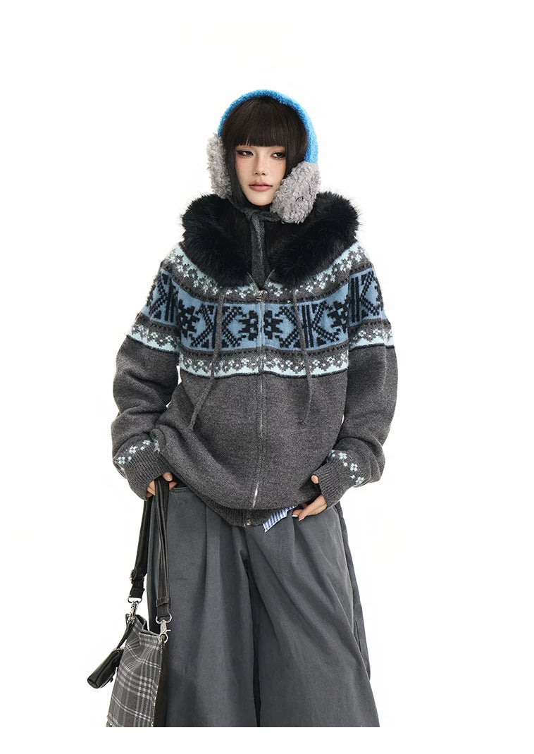 Fur Collar Fair Isle Hooded Knit Cardigan