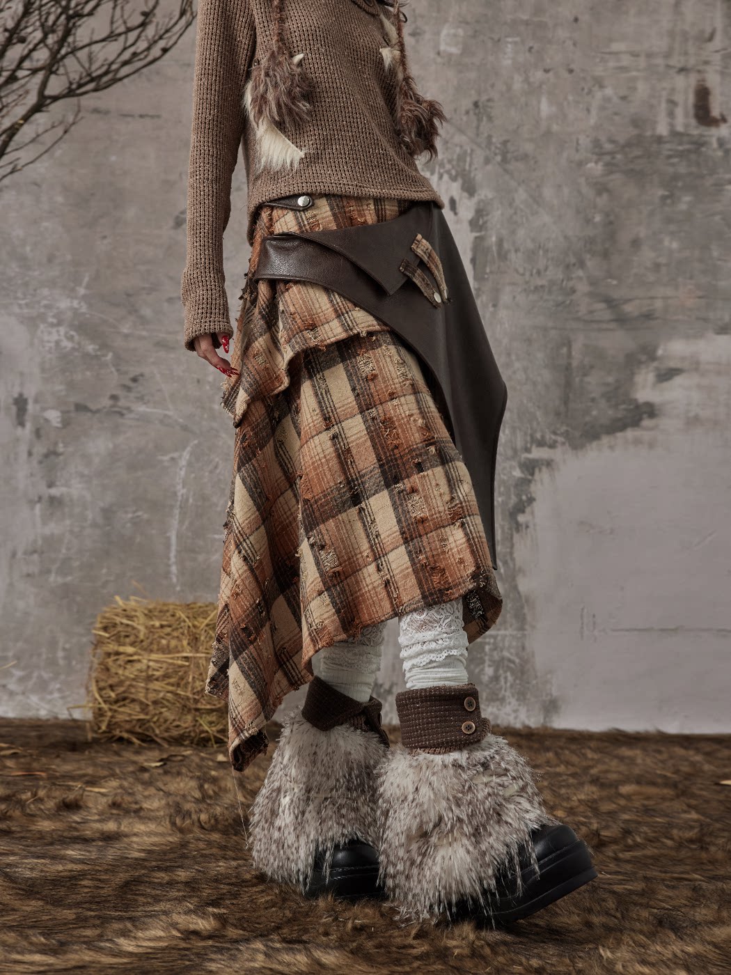 Patchwork Knit Button Fuzzy Leg Warmers