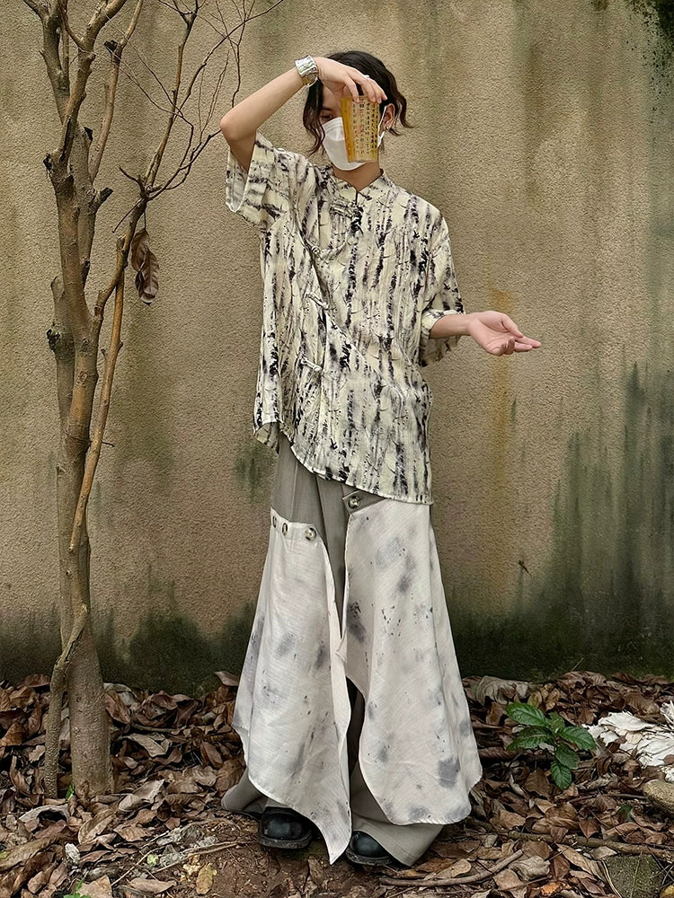 Tie-Dye Frog Button Standing-Collar Short Sleeve Shirt