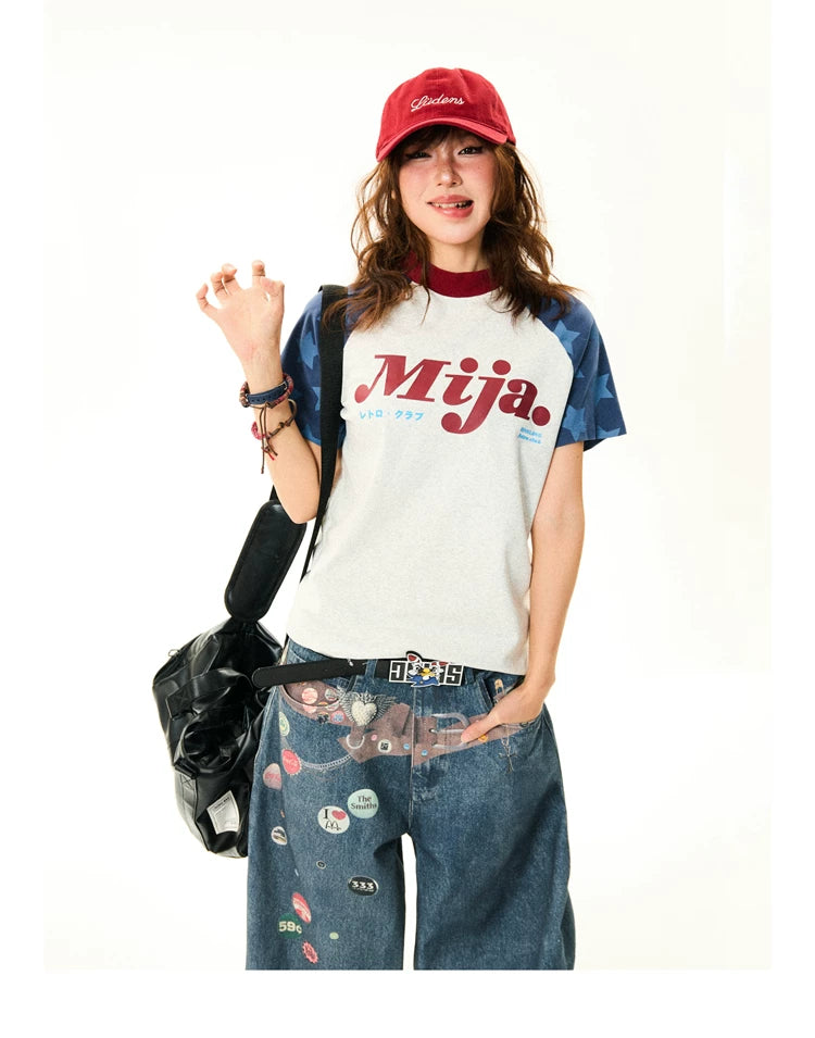 Raglan Sleeve Letter Print Fitted Short Sleeve T-Shirt