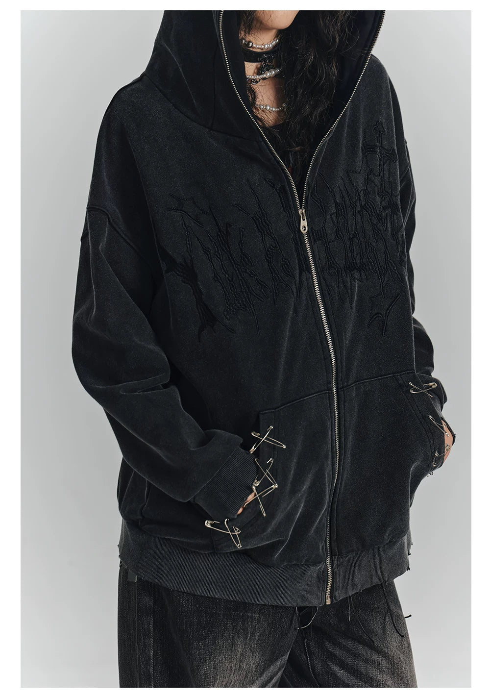 Cat Ear Safety Pin Oversize Zipper Hoodie