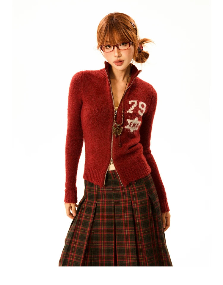 Number Patch Knit Zipper Stand Neck Cardigan