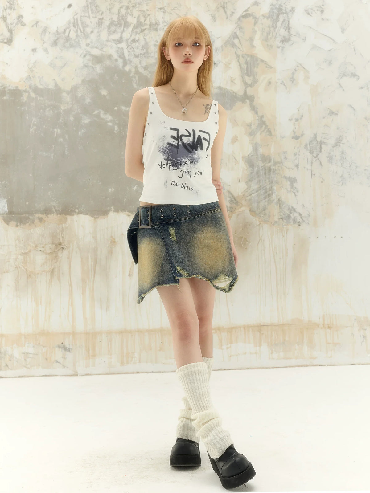 Washed Asymmetrical Adjustable Denim Short Skirt
