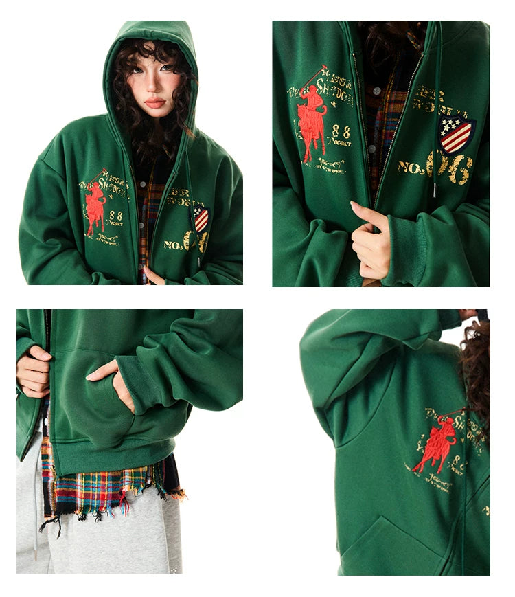 Letter Embroidery Washed Zipper Hoodie