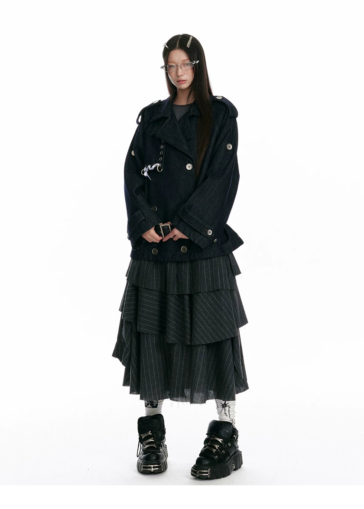 Textured Asymmetrical Striped Midi Ruffle Skirt