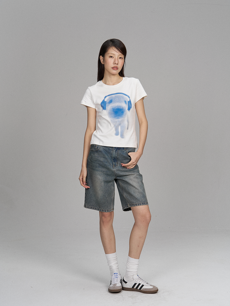 Puppy Print Slim Short Sleeves Crop T-Shirt