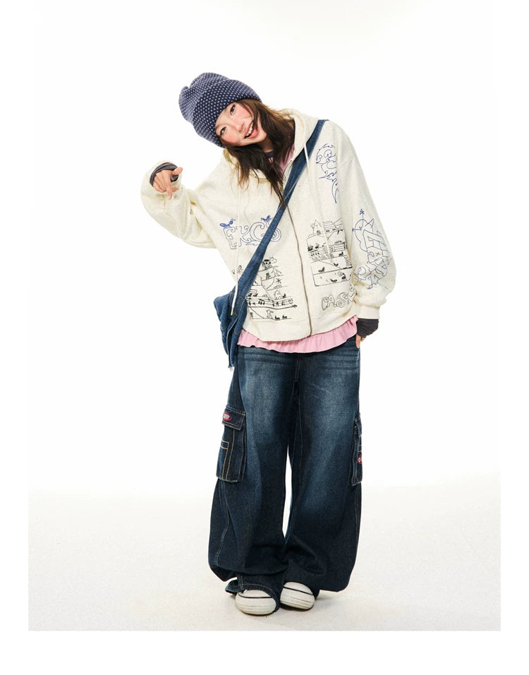Graphic Print Oversize Zipper Hoodie