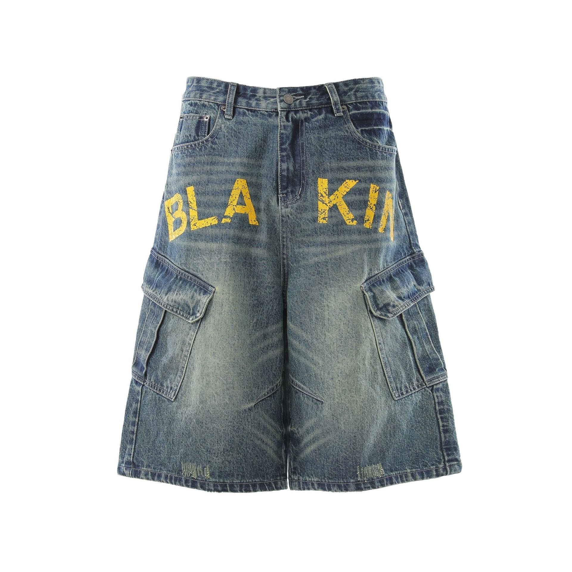 Washed Multi Pocket Letter Print Denim Jort