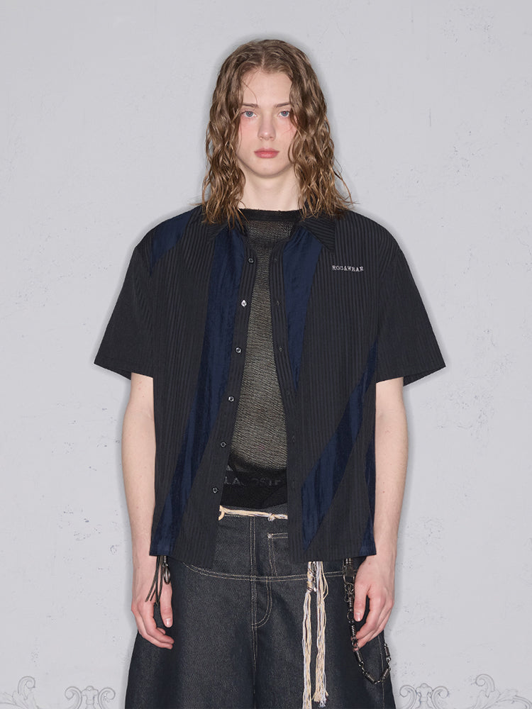 Deconstructed Mixed Fabric Stripe Patchwork Oversize Short Sleeve Shirt