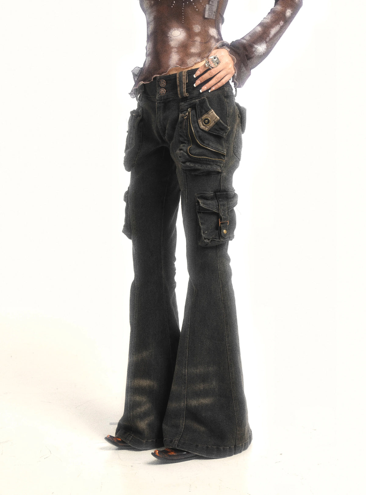 Multi-Pocket Stretch Flare Denim Pants